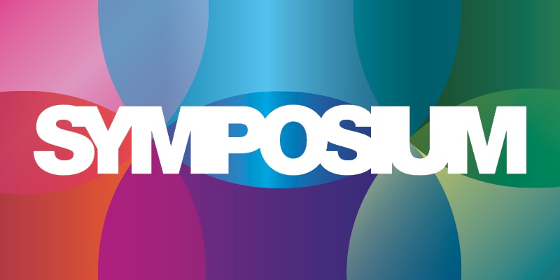 Colour background with 'Symposium' in white block text